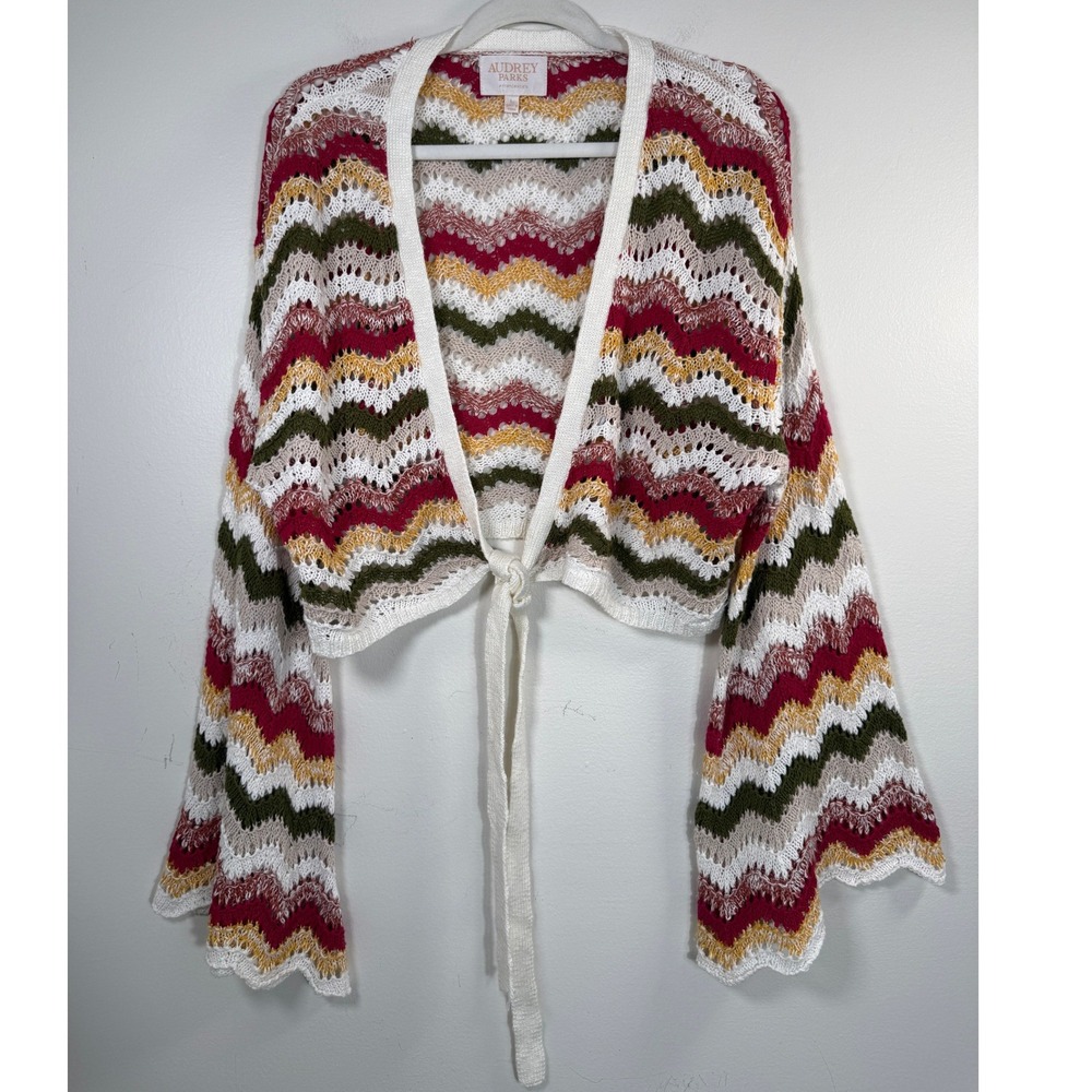 Hippie Audrey Parks Francescas L Chevron Crochet Tie Front Bell Sleeve Cardigan
